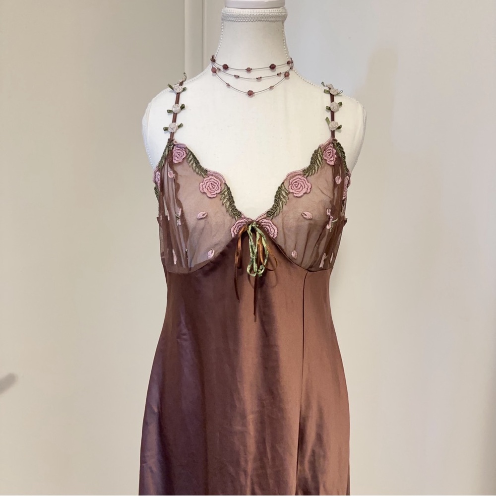 Luxurious Fairycore Brown Nightgown with Pink Embroidery
